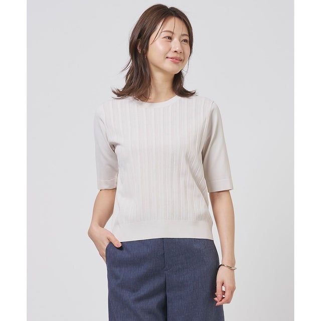【アンサンブル着用可】Rayon Elite Stretch クルーネック ニット （ライトベージュ系）