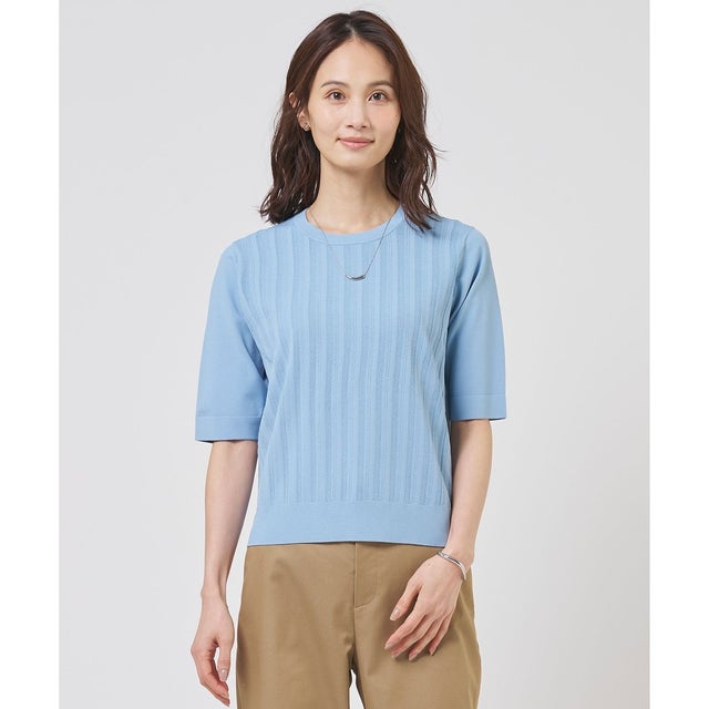 【アンサンブル着用可】Rayon Elite Stretch クルーネック ニット （サックスブルー系）