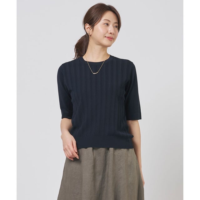 【アンサンブル着用可】Rayon Elite Stretch クルーネック ニット （ネイビー系）