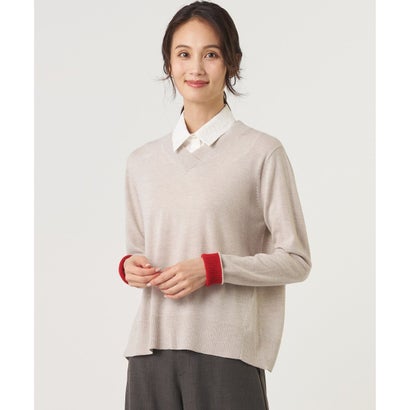 SOFT TOUCH WOOL Vネック ニット （ベージュ×ブラッドオレンジ系）｜詳細画像