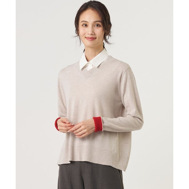 SOFT TOUCH WOOL Vネック ニット （ベージュ×ブラッドオレンジ系）
