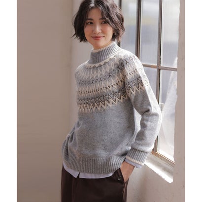 J.PRESS LADIES L 【一枚で着映え】FAIR ISLE ハイネック ニット （グレー×ピンク系）｜詳細画像