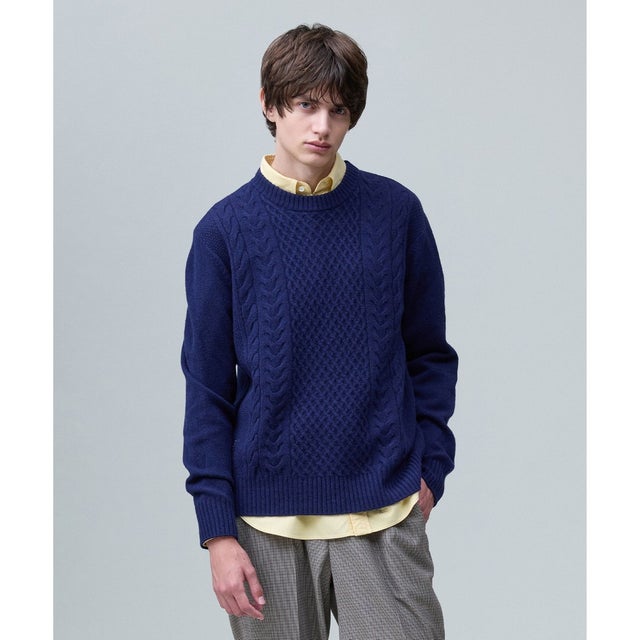 【Cash Lamb's Wool】ケーブルクルーネック ニット_26年モデル （ネイビー系）