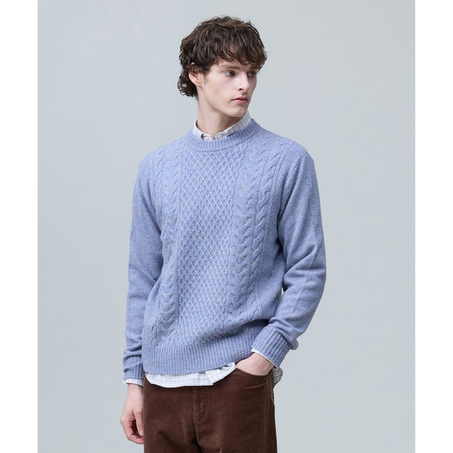 【Cash Lamb's Wool】ケーブルクルーネック ニット_26年モデル （サックスブルー系）