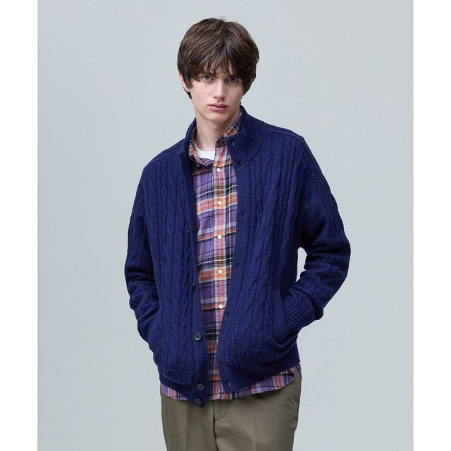 【Cash Lamb's Wool】ハイネックケーブル カーディガン_26年モデル （ネイビー系）