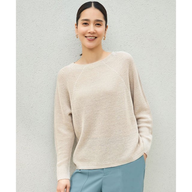 【WEB限定カラーあり・ロングシーズン】リネンミドルゲージボートネック ニット （フラックス）