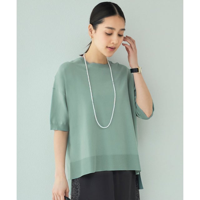 【接触冷感・UVカット・WEB限定カラーあり】クレープストレッチプルオーバー ニット （[新色]フロスティグリーン）