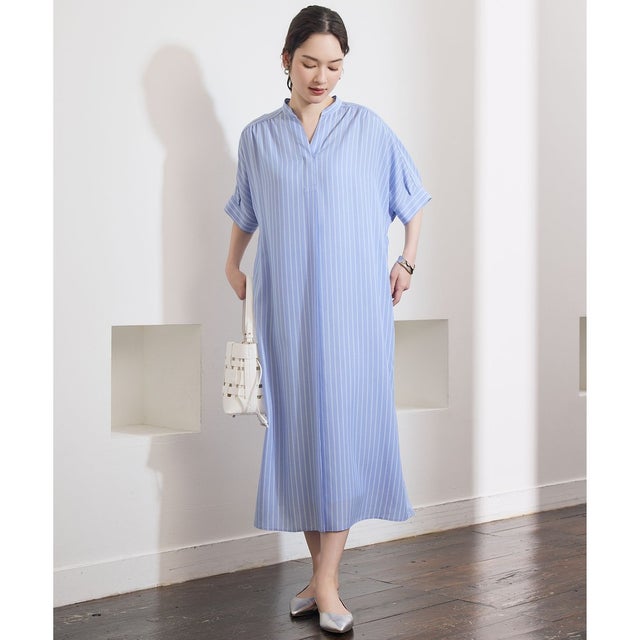 【定番人気・新色追加・1枚でサマになる】リヨセルポプリンシャツ ワンピース （サックス×オフストライプ）