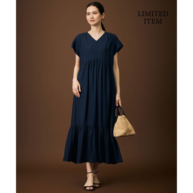 【WEB限定・大人気素材・新型追加】エアリーツイルティアード ワンピース （ネイビー）