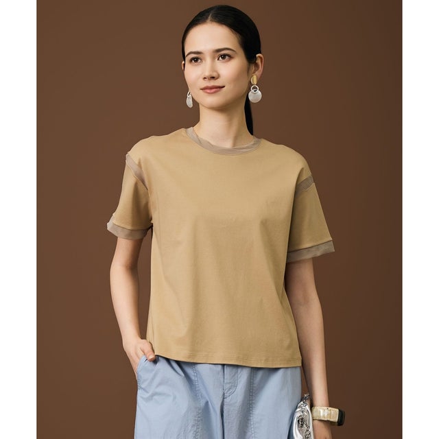 【汗ジミ防止】ナチュラルコットンハイゲージシアーアクセント Tシャツ （テラコッタブラウン）
