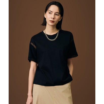 【汗ジミ防止】ナチュラルコットンハイゲージシアーアクセント Tシャツ （ブラック）｜詳細画像
