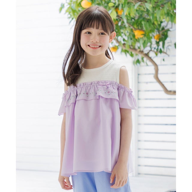 【110-140cm】 クロスステッチオフショルトップス （ラベンダー）