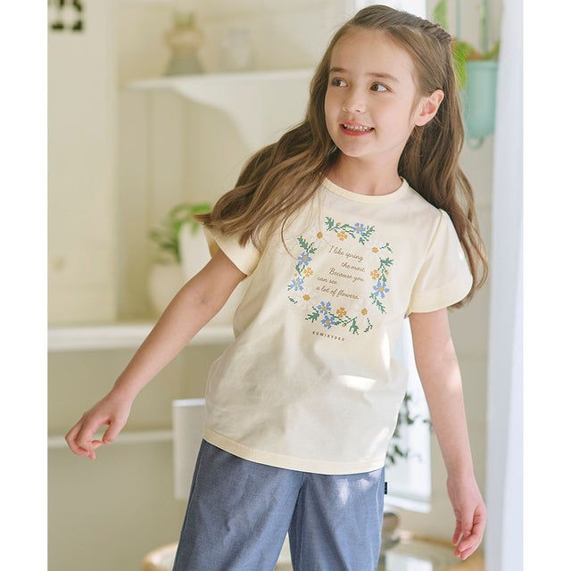 【110-140cm】 フラワーリースTeeシャツ （クリームイエロー）