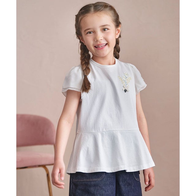 【110-140cm】 フラワーコサージュTシャツ （オフホワイト）