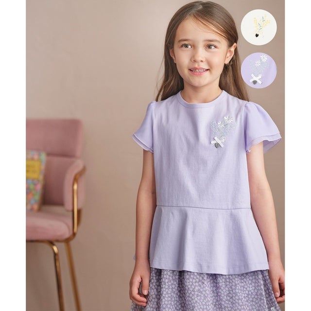 【110-140cm】 フラワーコサージュTシャツ （ラベンダー）