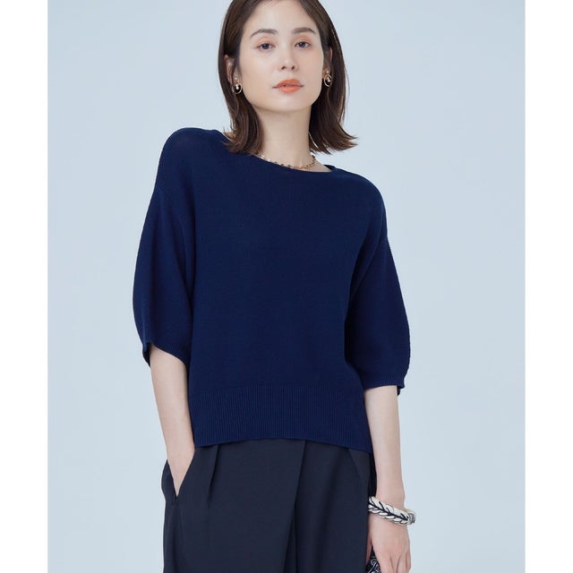 【WEB限定】コットンポリエステル5分袖リラクシー ニット （ネイビー系）