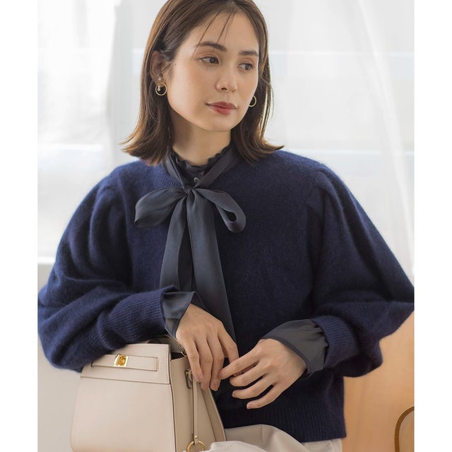 【WEB限定】フラッフィーファー パフスリーブニット （ミッドナイトネイビー系）
