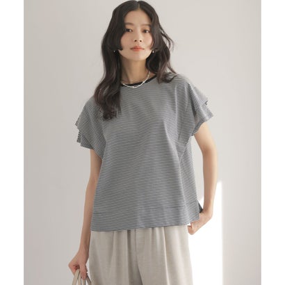 組曲 S GIZAコットンドルマンスリーブ Tシャツ （ネイビー×オフ系2）｜詳細画像