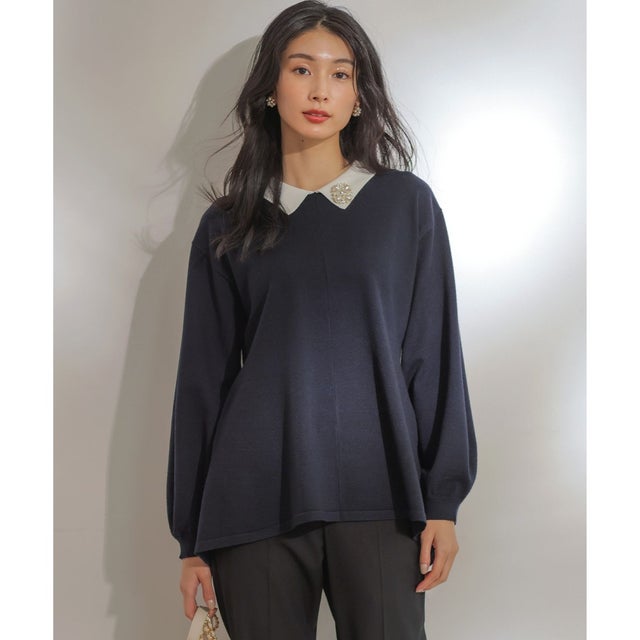 襟付きチュニック プルオーバー （ネイビー系）