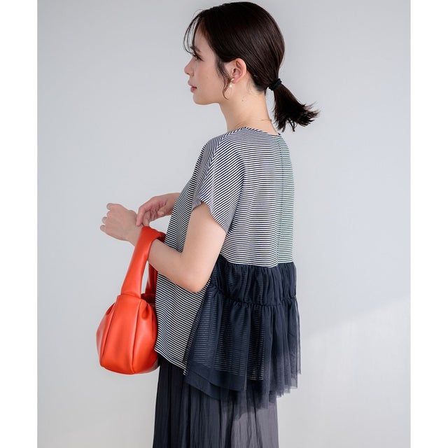 GIZAコットンチュールコンビ カットソー （ネイビー×オフ系2）