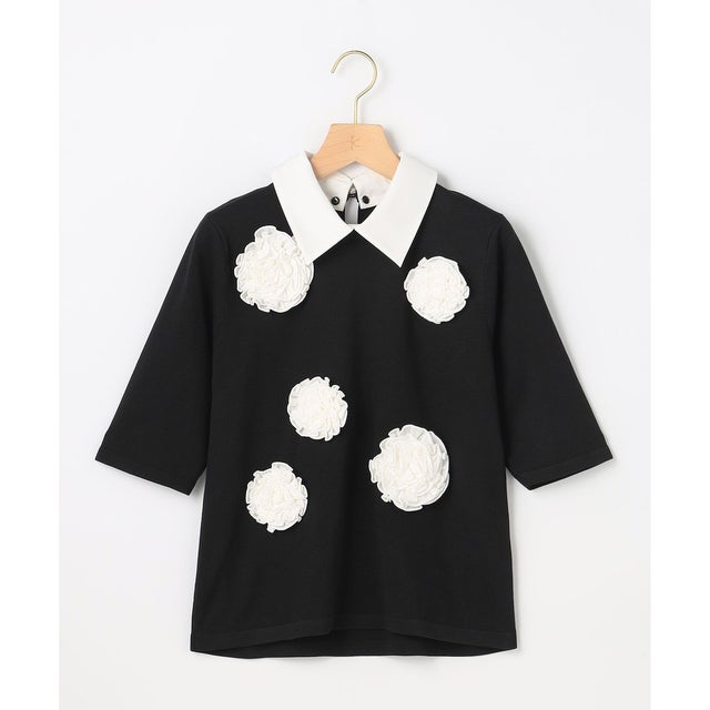 【組曲×setsuko sagittaire】ボンボンフラワー襟付き ニット （ブラック系）