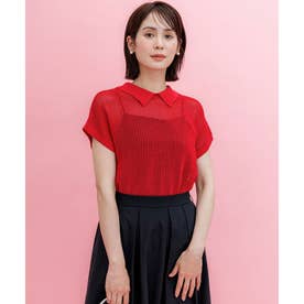 【WEB限定・前後着用可】メッシュニット 襟付き半袖カーディガン （チェリー系）