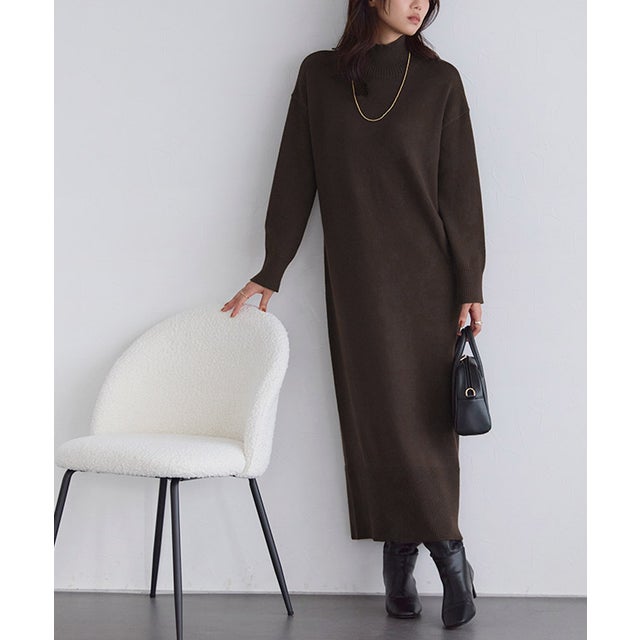 【低身長向け】もっちりカシミヤタッチハイネックロングニットワンピース （ダークブラウン）