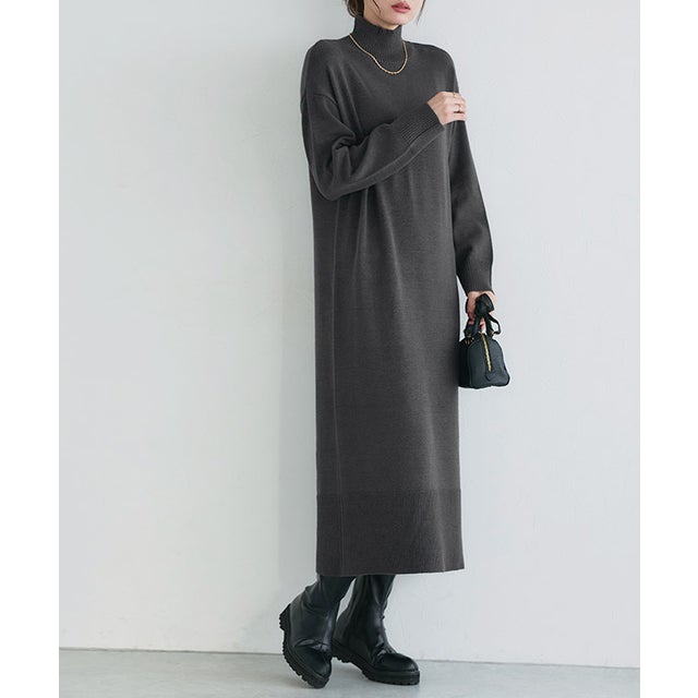 【低身長向け】もっちりカシミヤタッチハイネックロングニットワンピース （ダークチャコール）