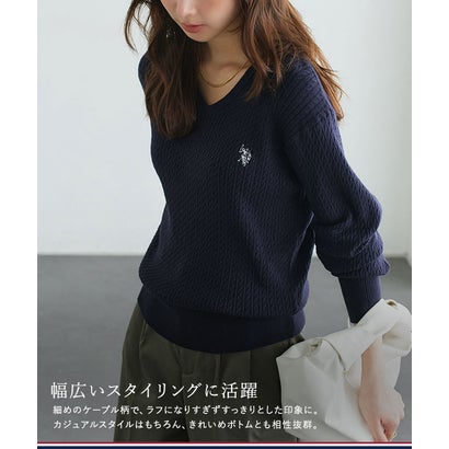 U.S. POLO ASSN. 選べるネックケーブルニット【Vネック】 （杢グレー×ネイビー）｜詳細画像