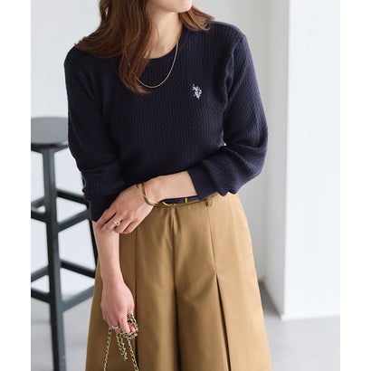 U.S. POLO ASSN. 選べるネックケーブルニット【Vネック】 （杢グレー×ネイビー）｜詳細画像