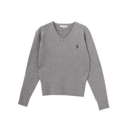 U.S. POLO ASSN. 選べるネックケーブルニット【Vネック】 （杢グレー×ネイビー）｜詳細画像