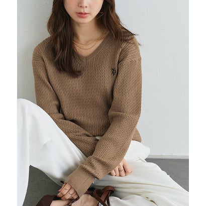 U.S. POLO ASSN. 選べるネックケーブルニット【Vネック】 （ネイビー×オフホワイト）｜詳細画像