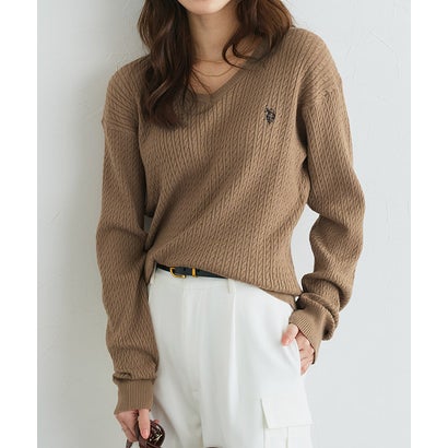 U.S. POLO ASSN. 選べるネックケーブルニット【Vネック】 （ネイビー×オフホワイト）｜詳細画像