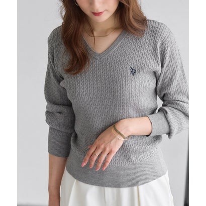 U.S. POLO ASSN. 選べるネックケーブルニット【Vネック】 （ネイビー×オフホワイト）｜詳細画像
