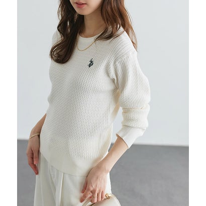 U.S. POLO ASSN. 選べるネックケーブルニット【Vネック】 （ネイビー×オフホワイト）｜詳細画像