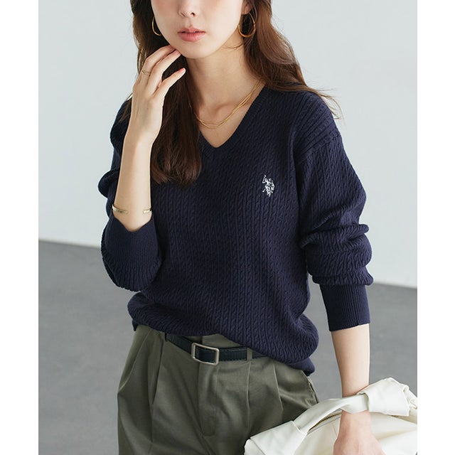U.S. POLO ASSN. 選べるネックケーブルニット【Vネック】 （ネイビー×オフホワイト）