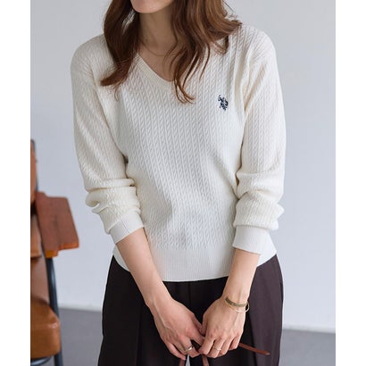 U.S. POLO ASSN. 選べるネックケーブルニット【Vネック】 （オフホワイト×ネイビー）｜詳細画像