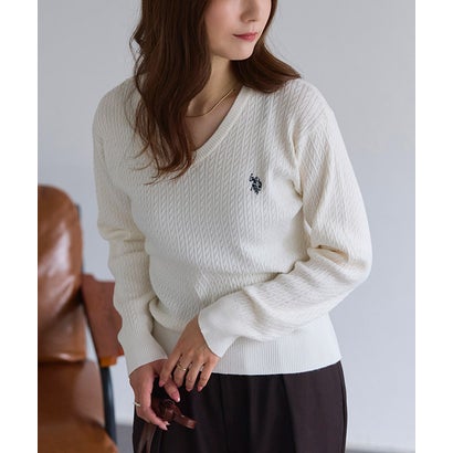 U.S. POLO ASSN. 選べるネックケーブルニット【Vネック】 （オフホワイト×ネイビー）｜詳細画像