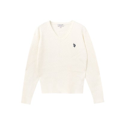 U.S. POLO ASSN. 選べるネックケーブルニット【Vネック】 （オフホワイト×ネイビー）｜詳細画像