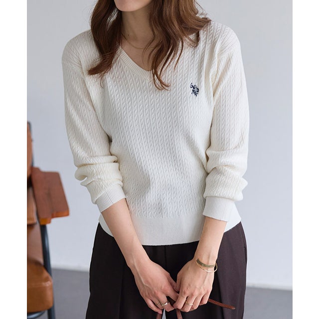 U.S. POLO ASSN. 選べるネックケーブルニット【Vネック】 （オフホワイト×ネイビー）