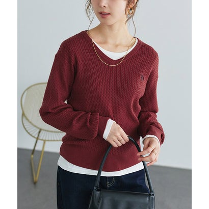 U.S. POLO ASSN. 選べるネックケーブルニット【Vネック】 （レッド×ネイビー）｜詳細画像