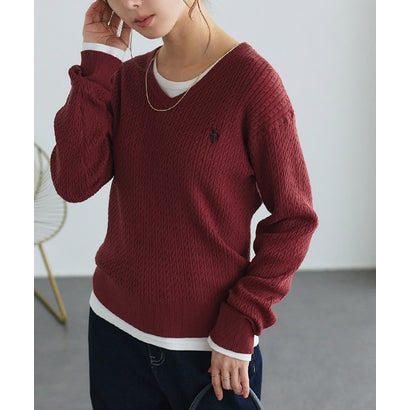U.S. POLO ASSN. 選べるネックケーブルニット【Vネック】 （レッド×ネイビー）｜詳細画像