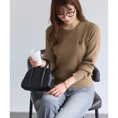 U.S. POLO ASSN. 選べるネックケーブルニット【Vネック】 （レッド×ネイビー）｜詳細画像