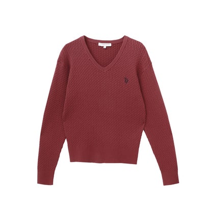 U.S. POLO ASSN. 選べるネックケーブルニット【Vネック】 （レッド×ネイビー）｜詳細画像