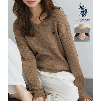 U.S. POLO ASSN. 選べるネックケーブルニット【Vネック】 （レッド×ネイビー）｜詳細画像