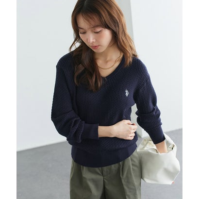 U.S. POLO ASSN. 選べるネックケーブルニット【Vネック】 （キャメル×ネイビー）｜詳細画像