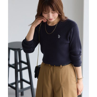 U.S. POLO ASSN. 選べるネックケーブルニット【Vネック】 （キャメル×ネイビー）｜詳細画像