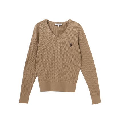 U.S. POLO ASSN. 選べるネックケーブルニット【Vネック】 （キャメル×ネイビー）｜詳細画像