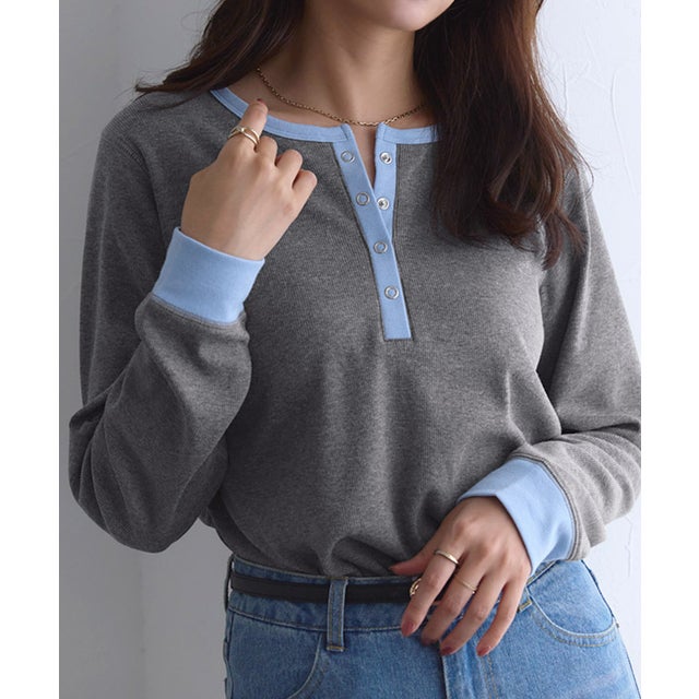 裏起毛配色ヘンリーネックリブTシャツ （杢チャコール×ブルー）