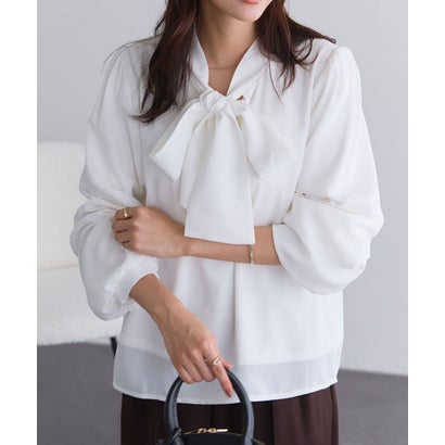 起毛裏地付きリボンブラウス （モカグレージュ）｜詳細画像